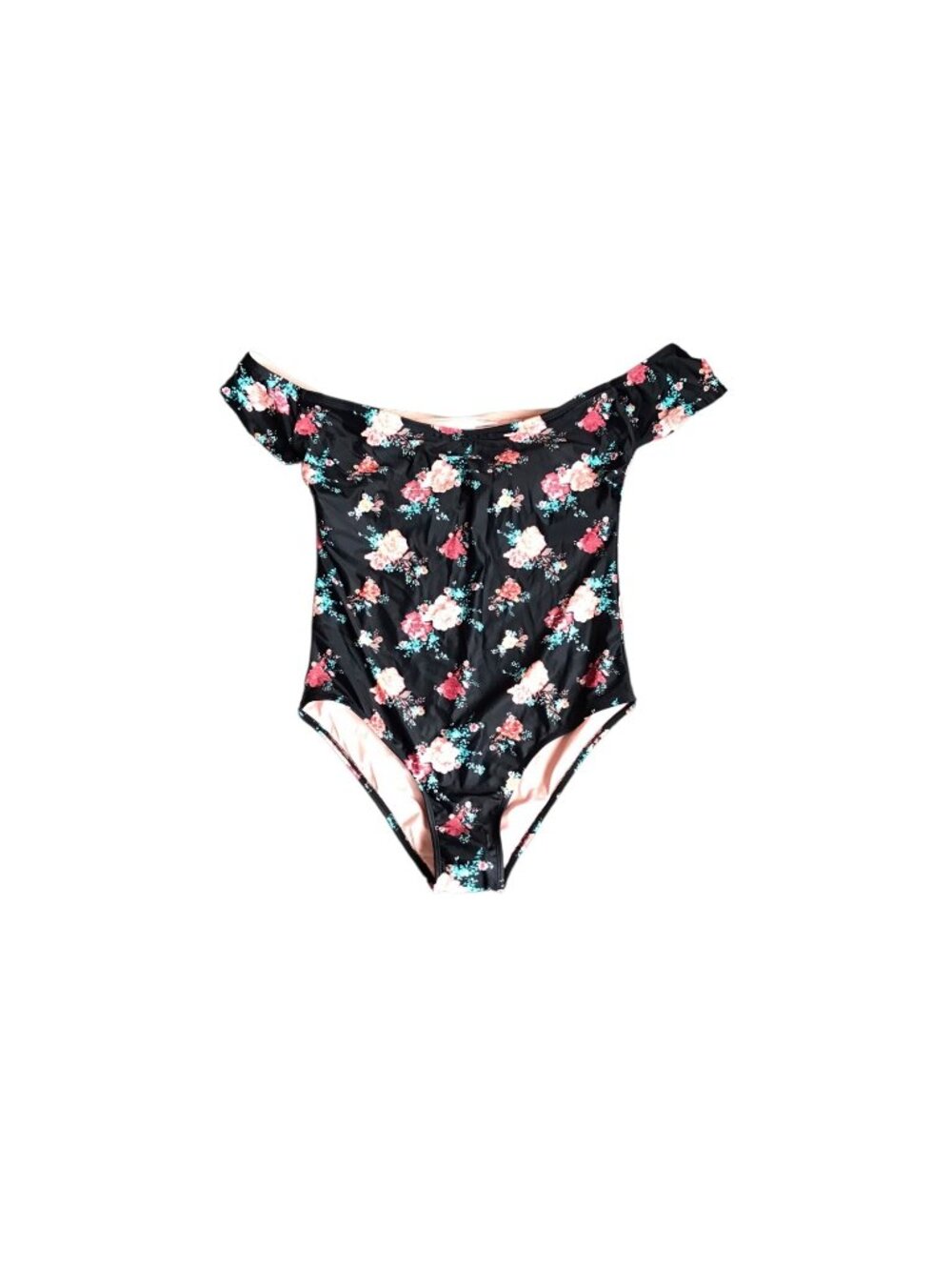 NWOT Mae Black and Pink Floral Off Shoulder Swimsuit